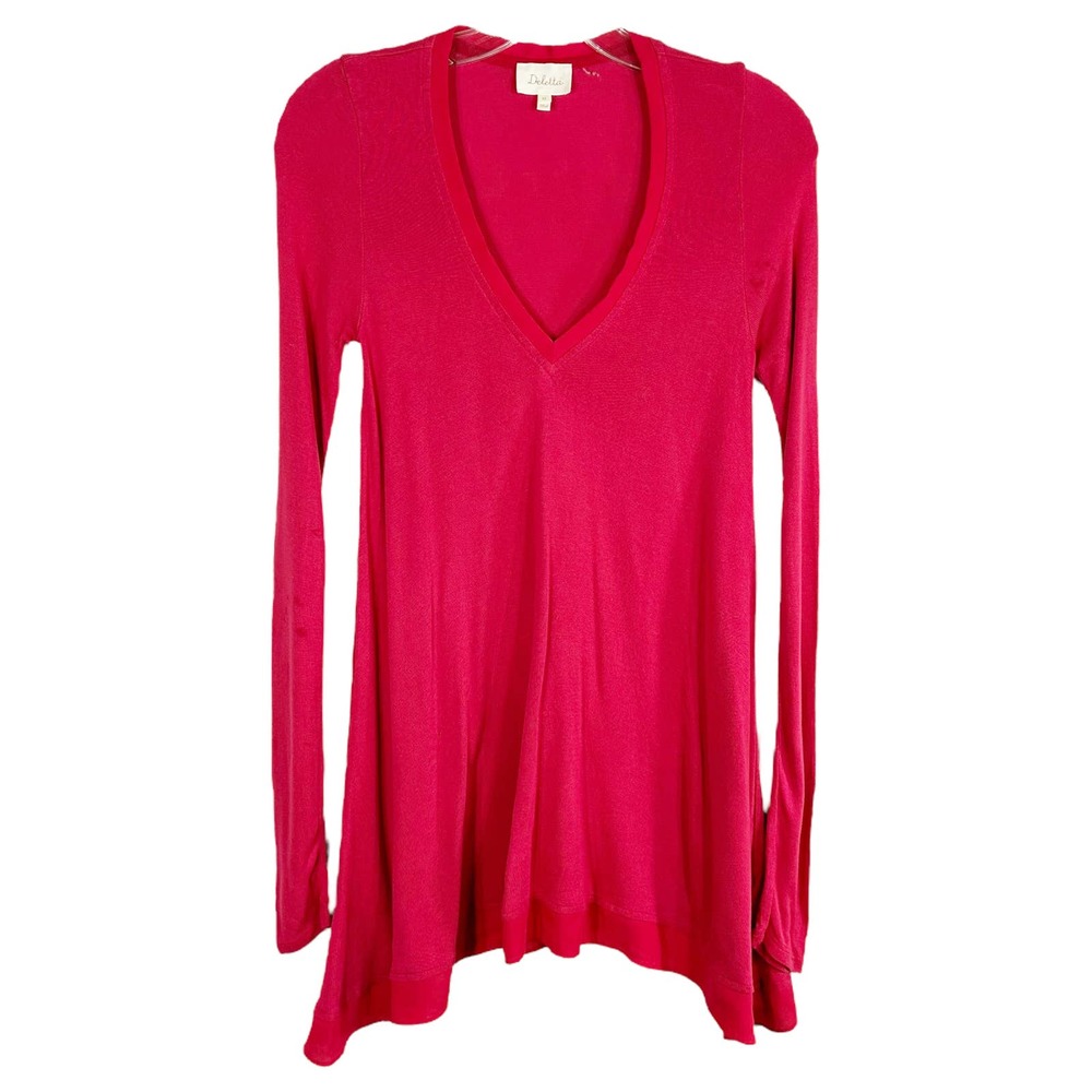 Anthropologie Deletta XS Top Hot Pink Knit Chiffon Trim V Neck‎ Long Sleeve 1591